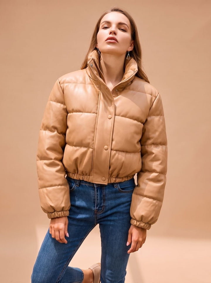 Persephone | Women's Cropped Faux Leather Down Jacket Stand Collar