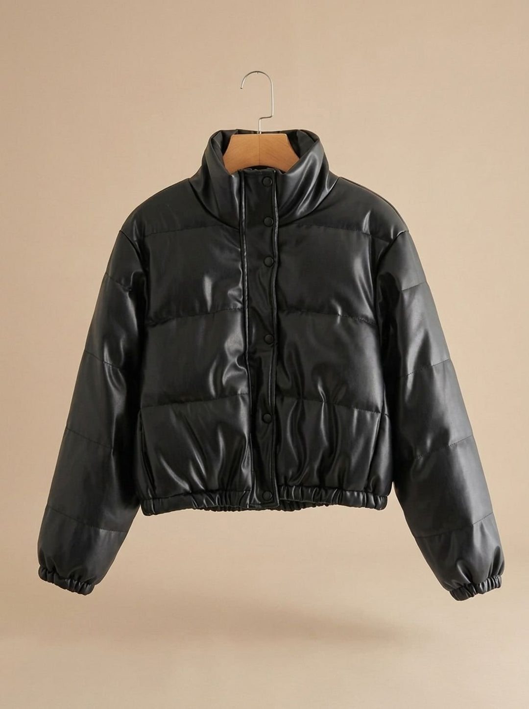 Persephone | Women's Cropped Faux Leather Down Jacket Stand Collar
