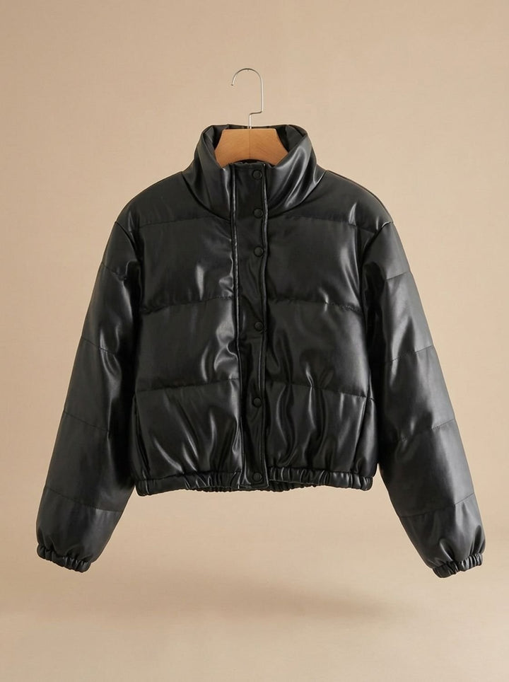 Persephone | Women's Cropped Faux Leather Down Jacket Stand Collar