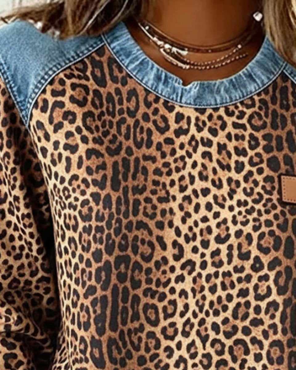 Persephone | Women's Leopard Print Crewneck Sweatshirt with Denim Trim