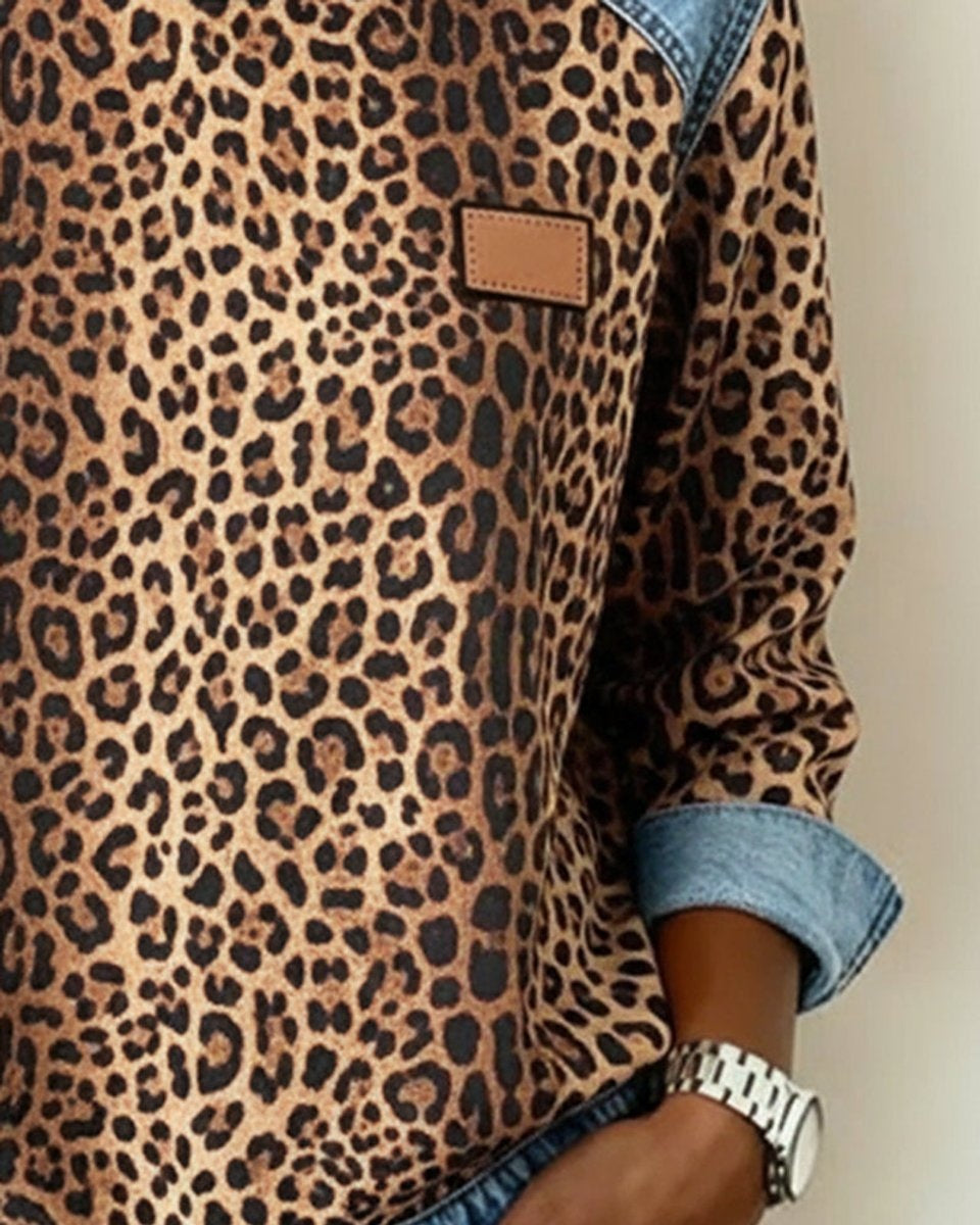 Persephone | Women's Leopard Print Crewneck Sweatshirt with Denim Trim
