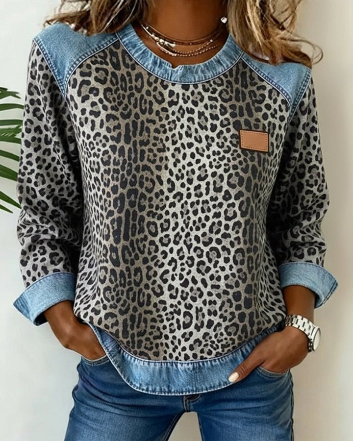 Persephone | Women's Leopard Print Crewneck Sweatshirt with Denim Trim