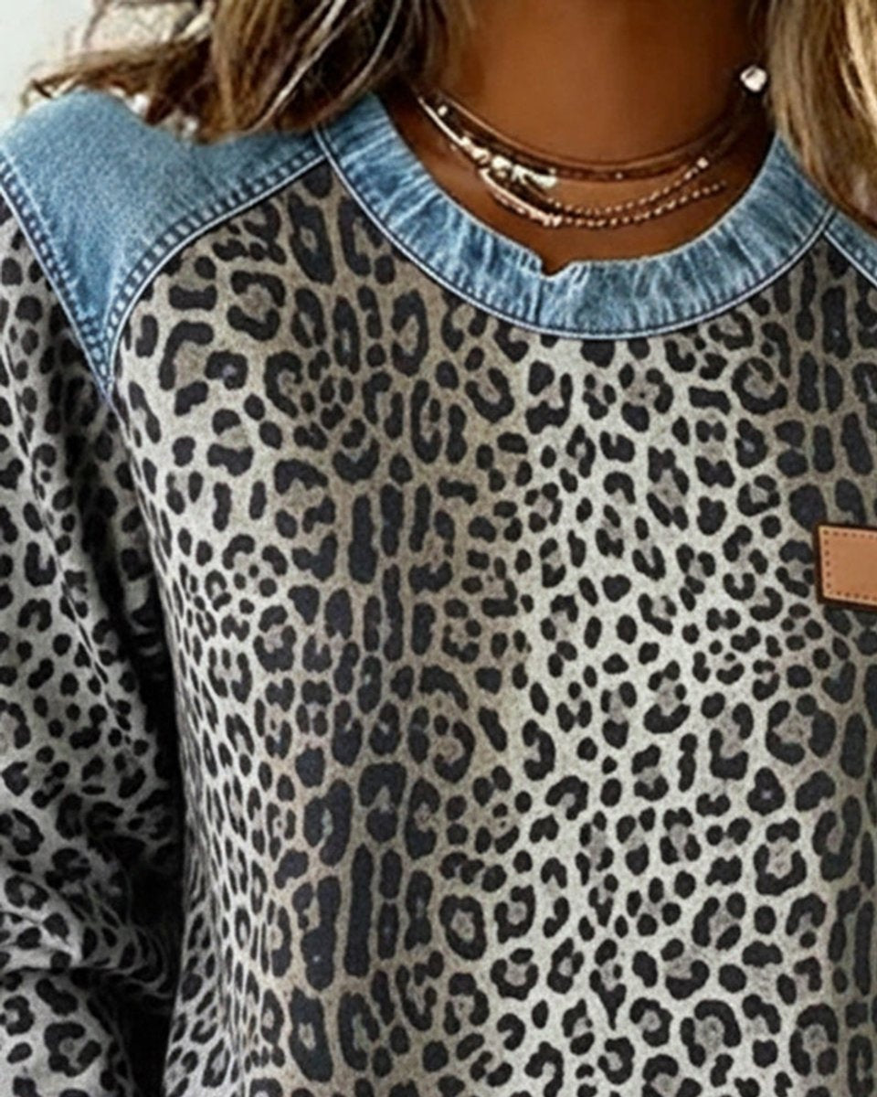 Persephone | Women's Leopard Print Crewneck Sweatshirt with Denim Trim