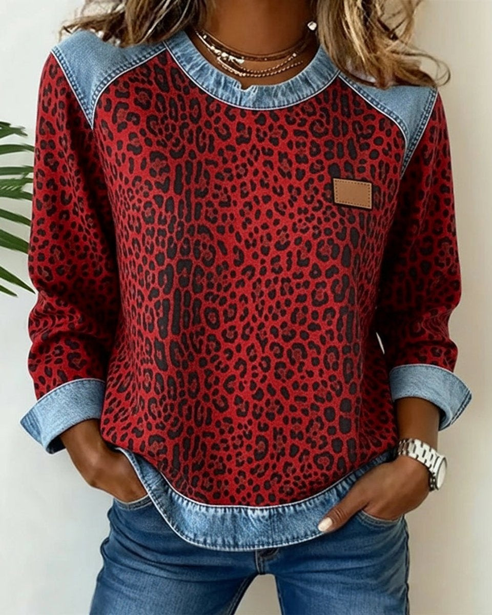 Persephone | Women's Leopard Print Crewneck Sweatshirt with Denim Trim