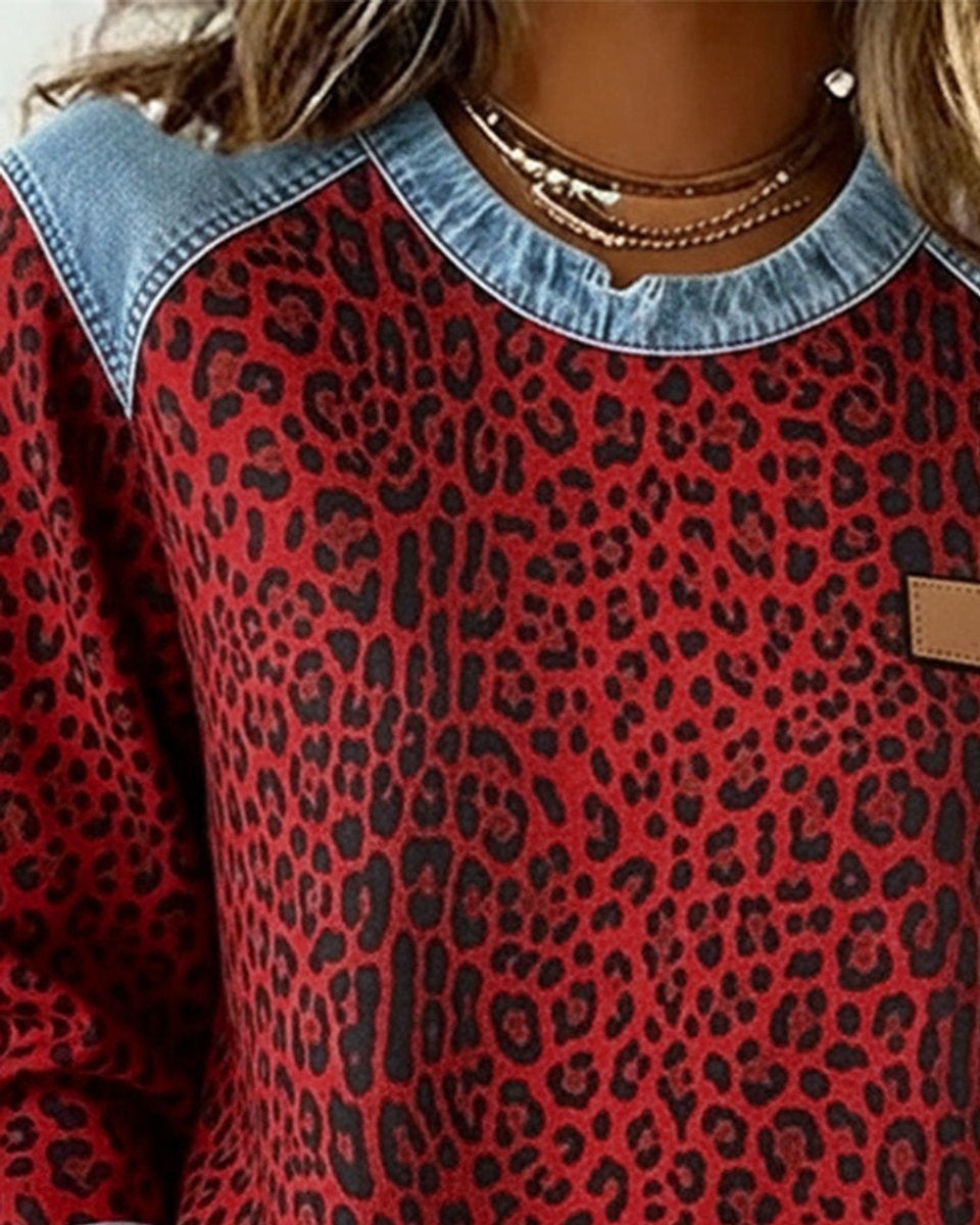 Persephone | Women's Leopard Print Crewneck Sweatshirt with Denim Trim