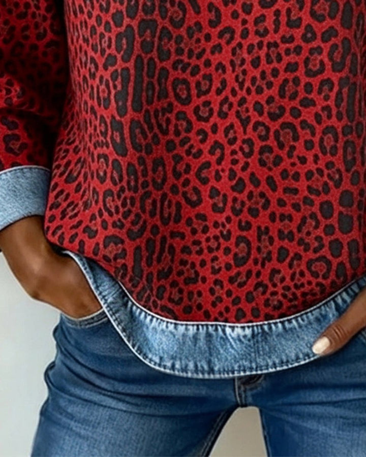 Persephone | Women's Leopard Print Crewneck Sweatshirt with Denim Trim