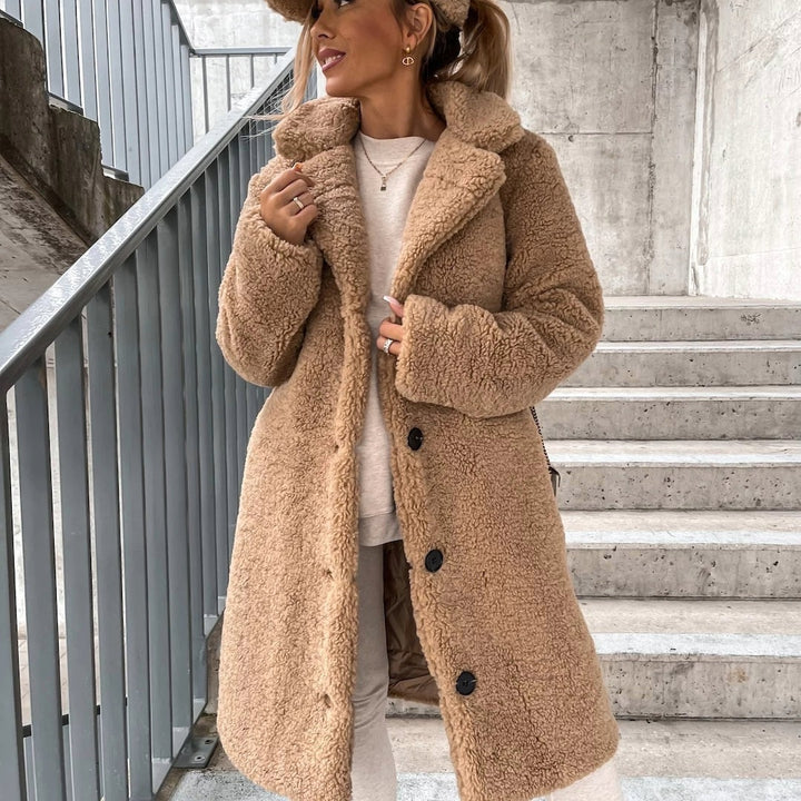 Petra | Teddy Lange Jas Dames Oversized Revers Knoopsluiting