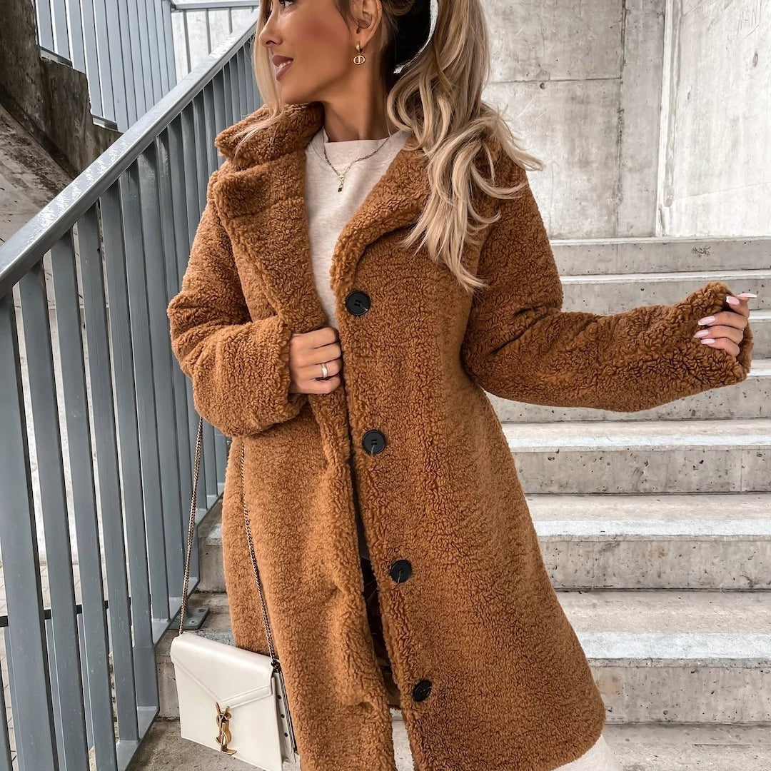 Petra | Teddy Lange Jas Dames Oversized Revers Knoopsluiting
