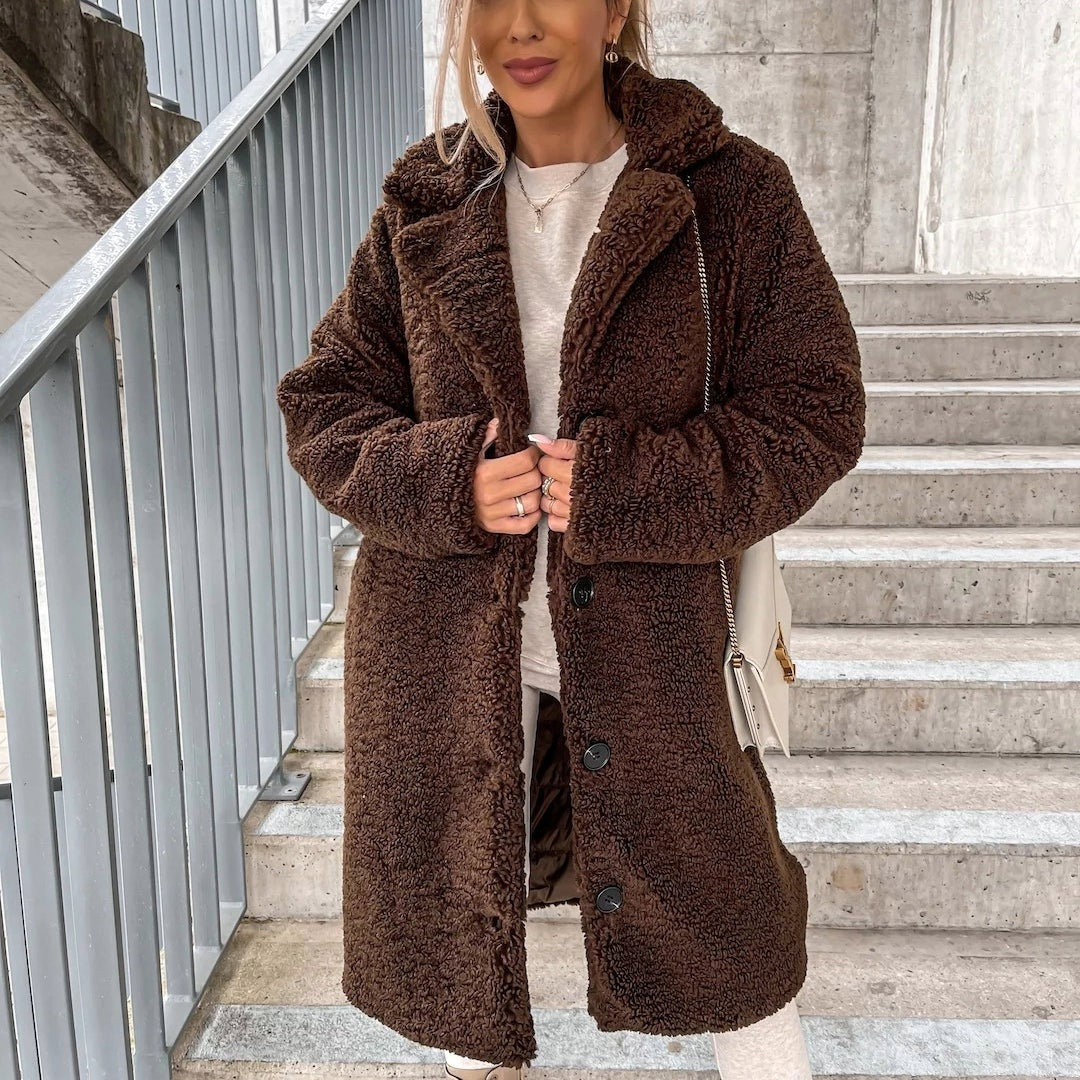 Petra | Teddy Lange Jas Dames Oversized Revers Knoopsluiting