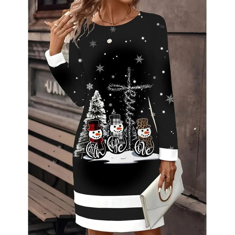 Philippa | Women's Christmas Dress Long Sleeve Mini with Snowman Print
