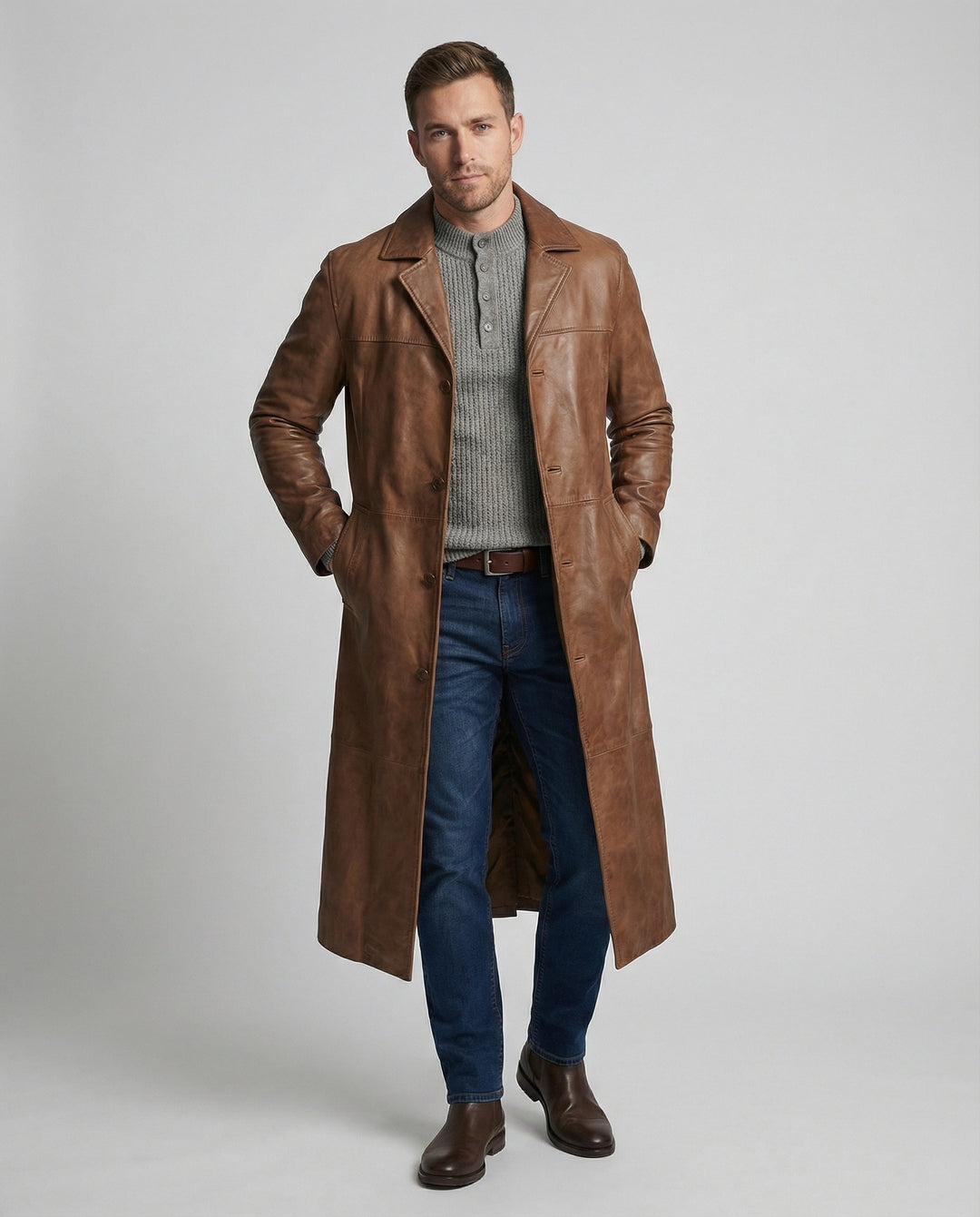 Philippa | Women's Long Leather Trench Coat with Lapels