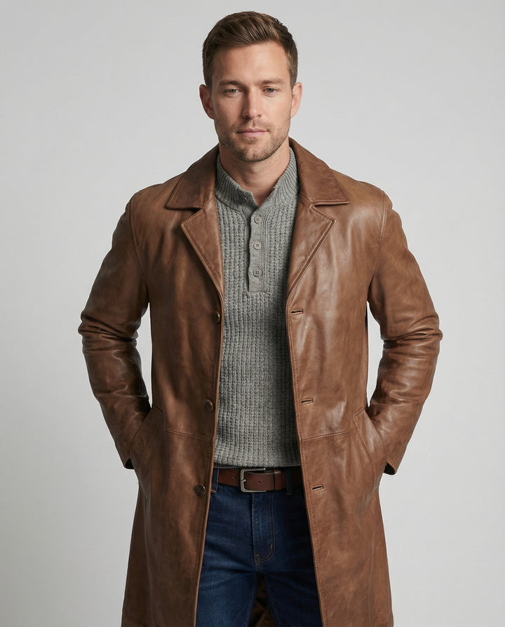 Philippa | Women's Long Leather Trench Coat with Lapels