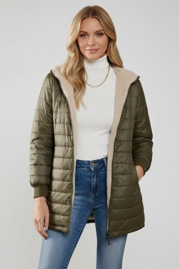 Philippa | Women's Long Quilted Jacket with Sherpa Lined Hood