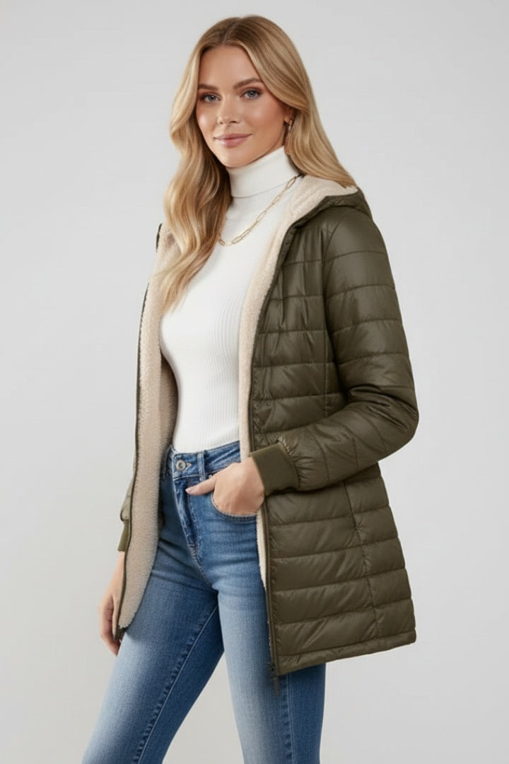Philippa | Women's Long Quilted Jacket with Sherpa Lined Hood