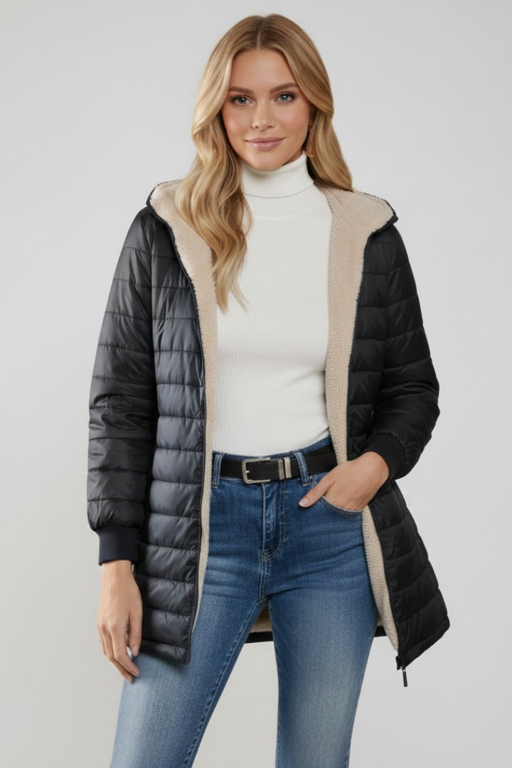 Philippa | Women's Long Quilted Jacket with Sherpa Lined Hood