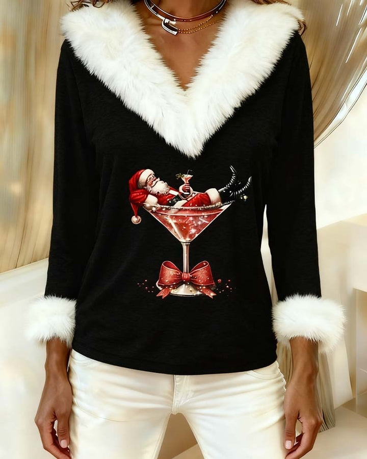 Philippa | Women's Velvet Party Top with Faux Fur Trim V-Neck