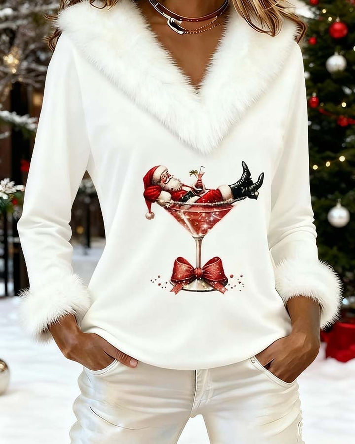 Philippa | Women's Velvet Party Top with Faux Fur Trim V-Neck