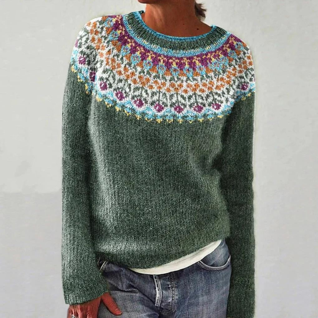 Rosamund | Women's Fair Isle Sweater Crew Neck with Patterned Yoke