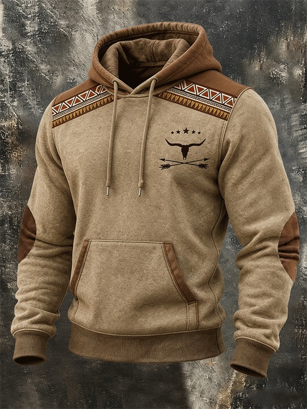 Silas | Men's Hoodie Western Longhorn Graphic with Elbow Patches