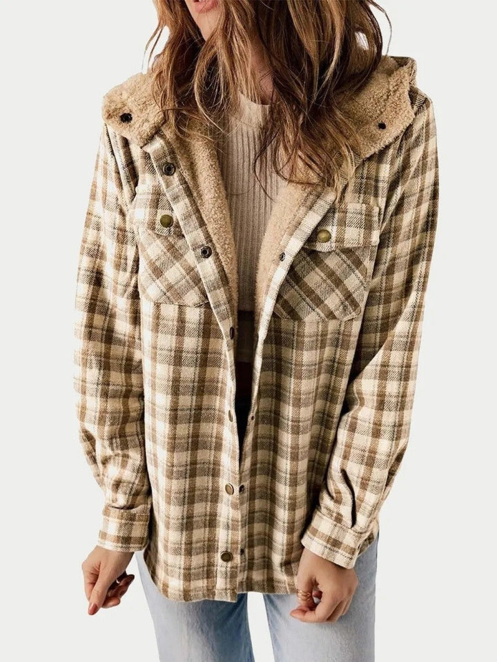 Simone | Geruite Jas met Kap en Sherpa Dames Fleece Voering