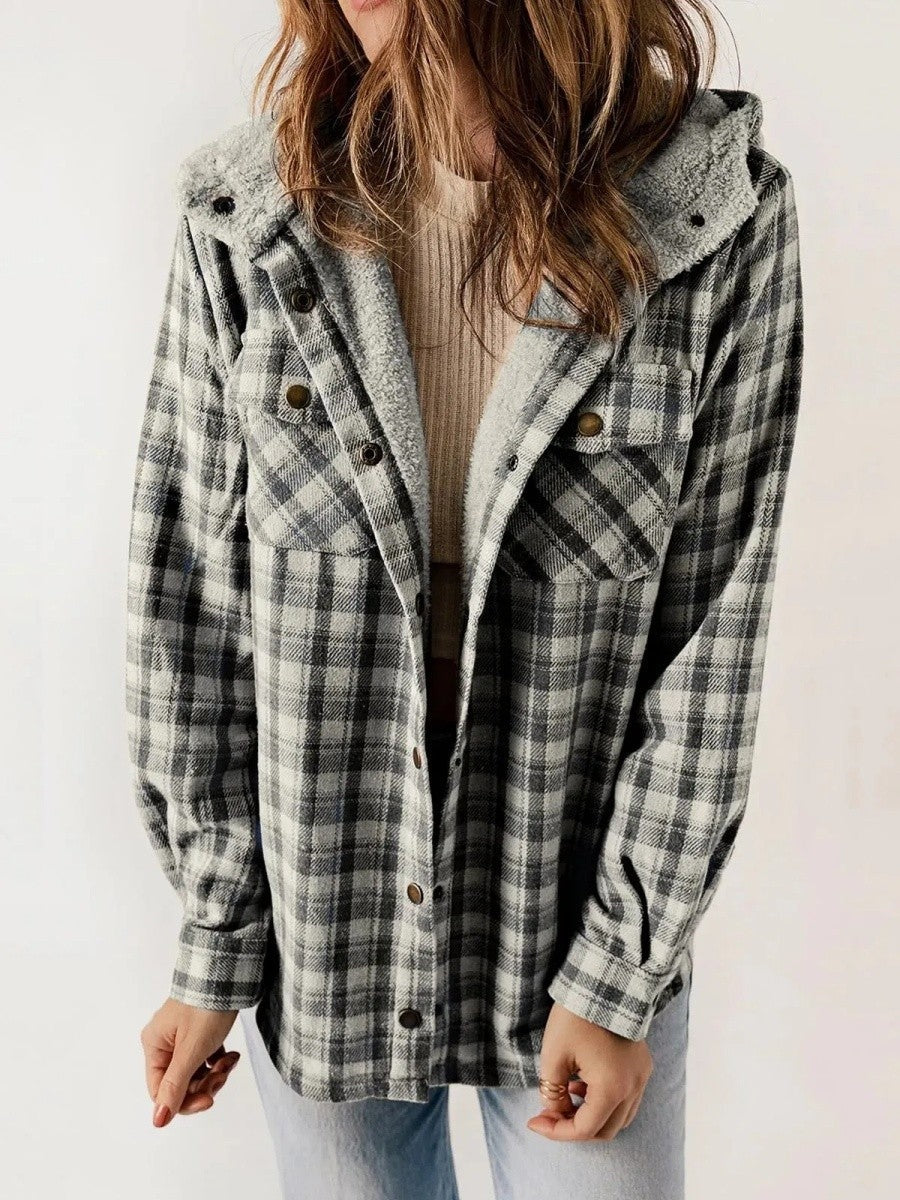 Simone | Geruite Jas met Kap en Sherpa Dames Fleece Voering