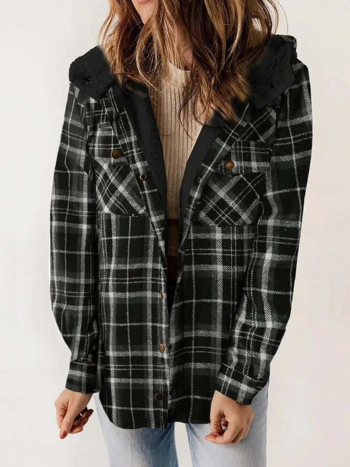 Simone | Geruite Jas met Kap en Sherpa Dames Fleece Voering