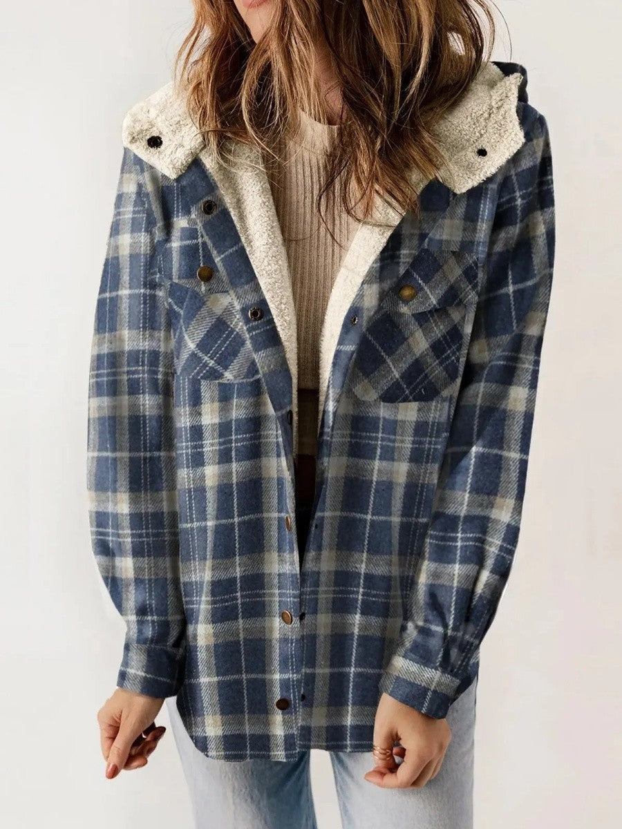 Simone | Geruite Jas met Kap en Sherpa Dames Fleece Voering
