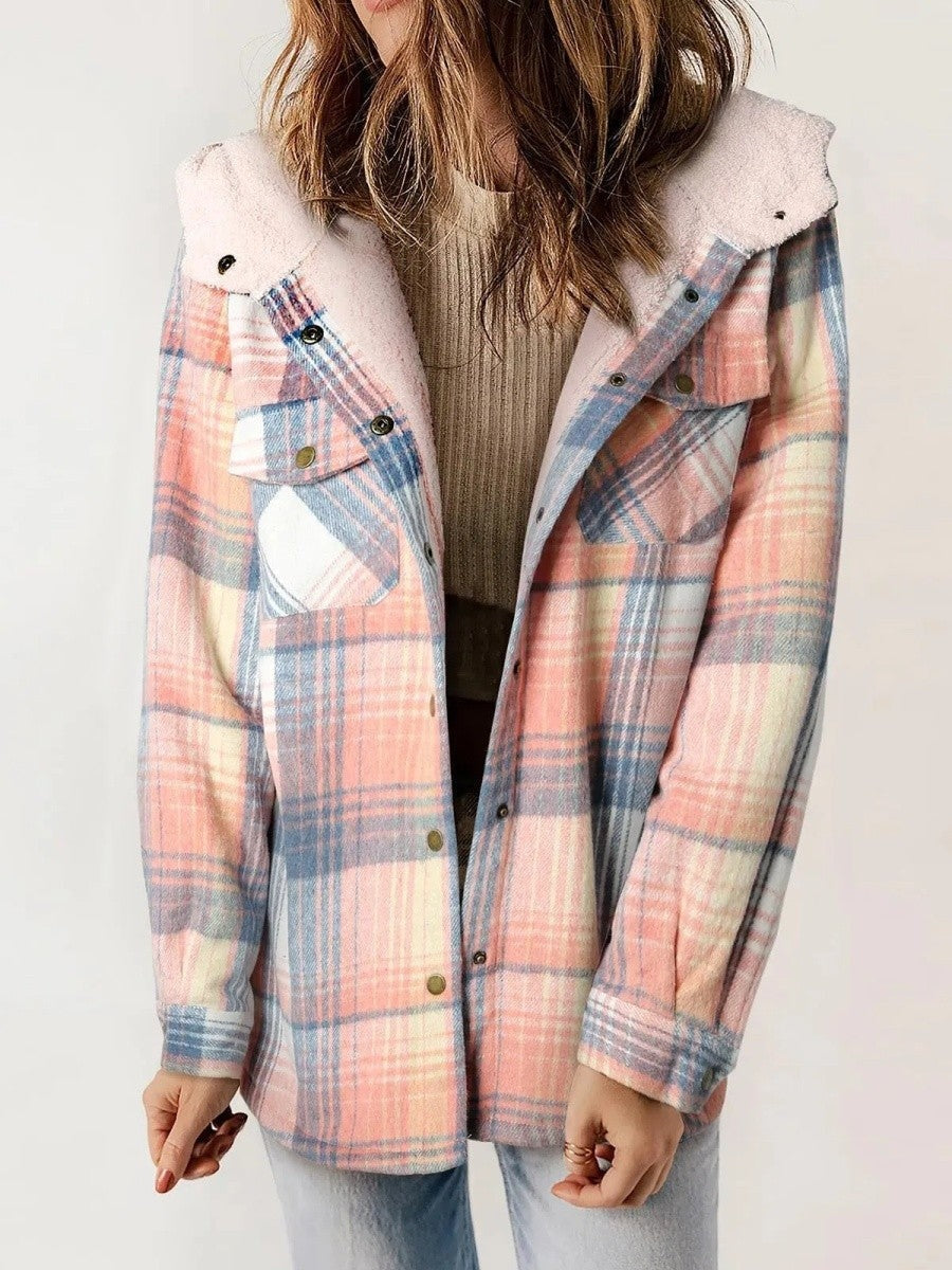 Simone | Geruite Jas met Kap en Sherpa Dames Fleece Voering