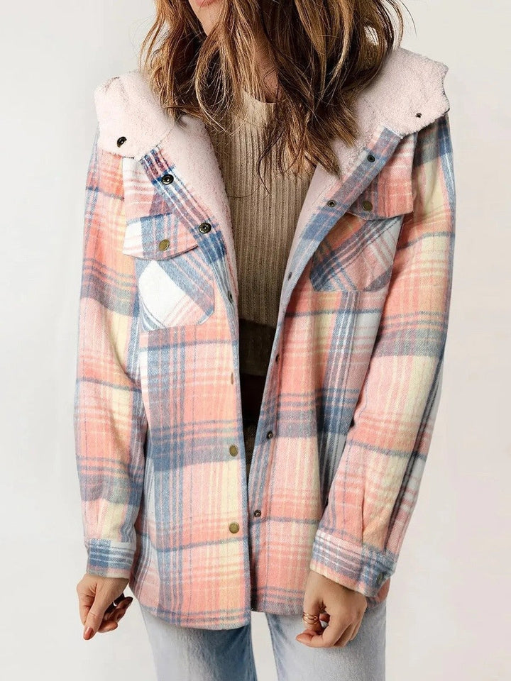 Simone | Geruite Jas met Kap en Sherpa Dames Fleece Voering