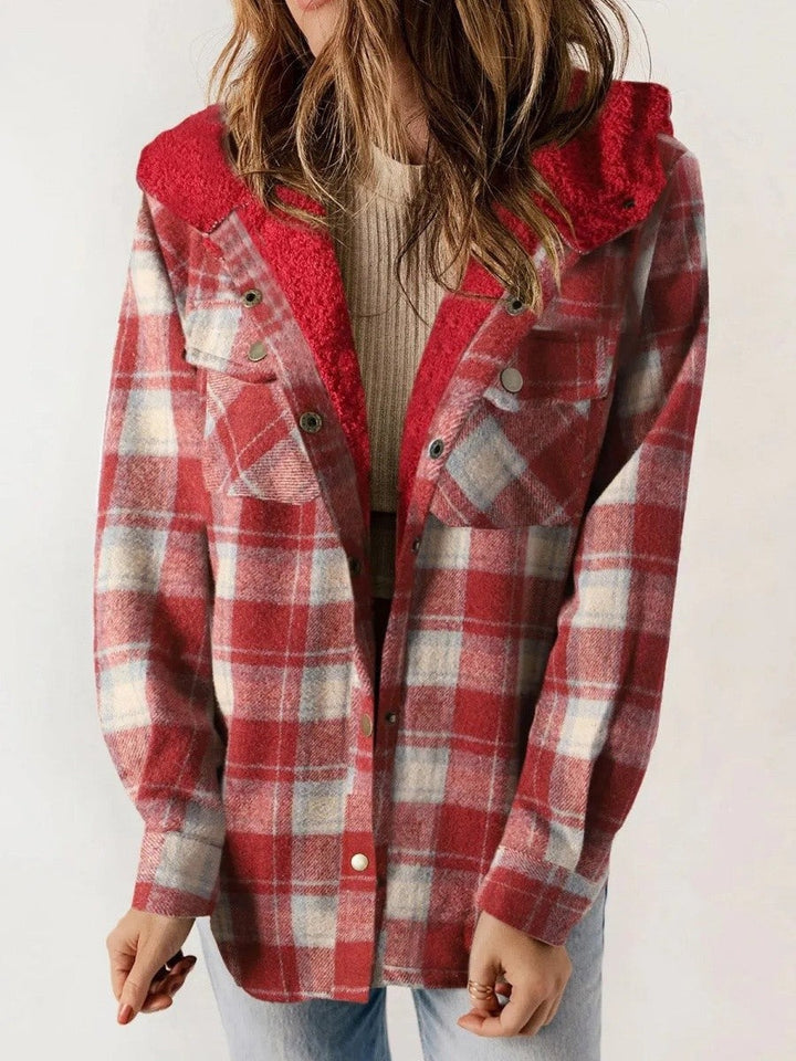 Simone | Geruite Jas met Kap en Sherpa Dames Fleece Voering