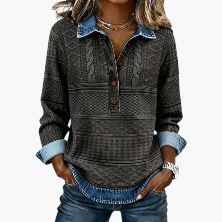 Tabitha | Women's Collared Half Button Sweatshirt Cable Texture