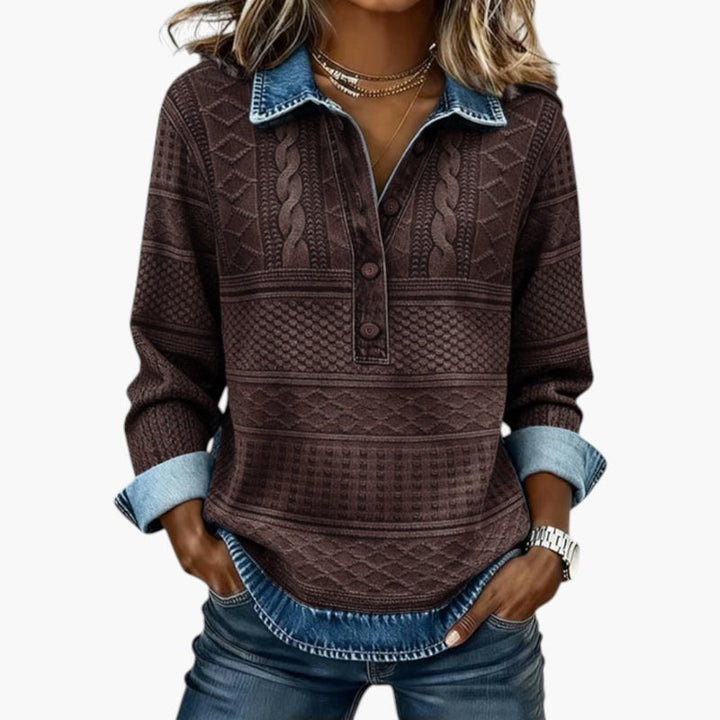 Tabitha | Women's Collared Half Button Sweatshirt Cable Texture
