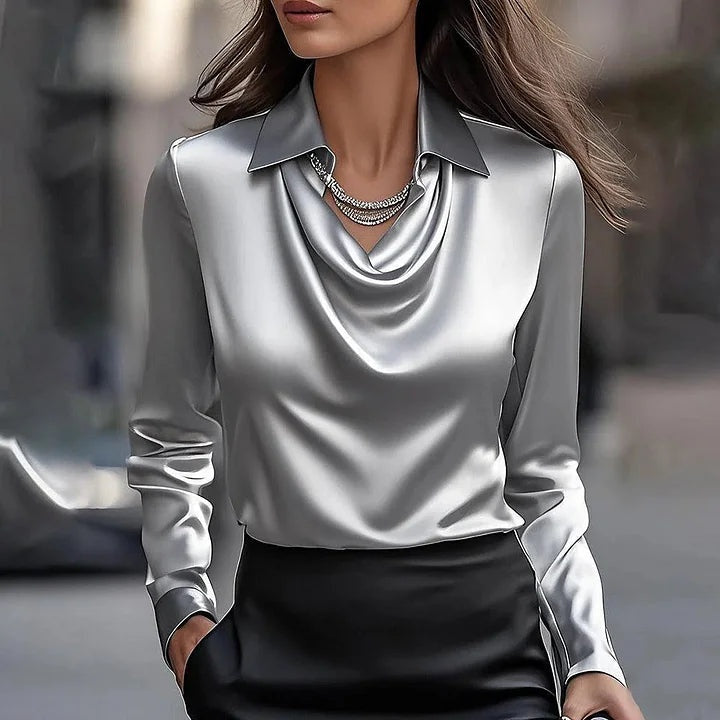 Tess | Satijnen Blouse Dames Lange Mouw Waterval Hals