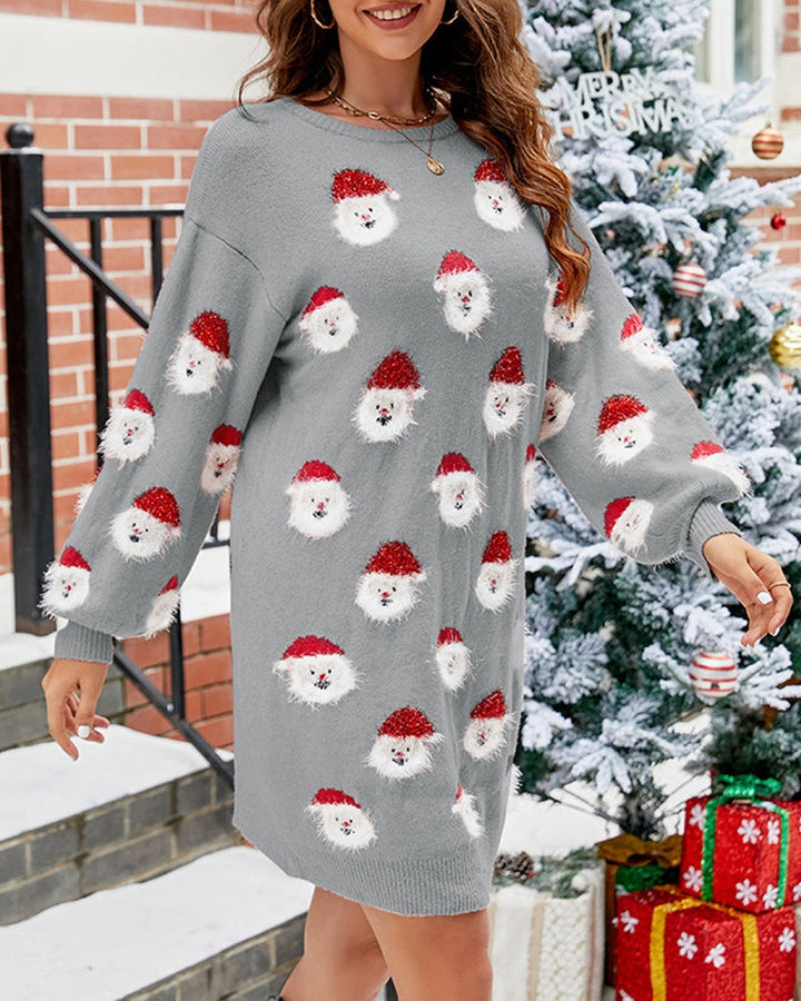 Theodora | Women's Long Sleeve Christmas Sweater Dress Santa Print