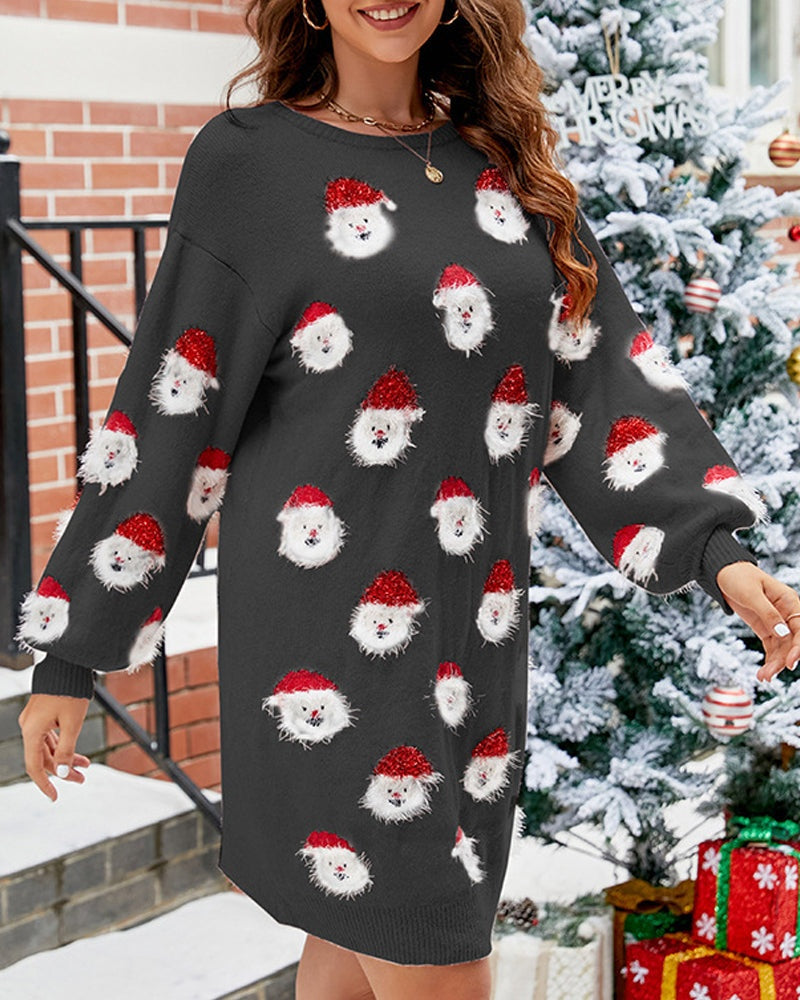 Theodora | Women's Long Sleeve Christmas Sweater Dress Santa Print