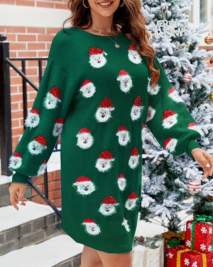 Theodora | Women's Long Sleeve Christmas Sweater Dress Santa Print