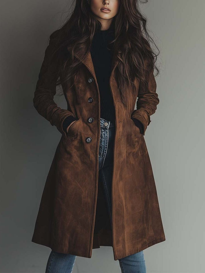 Theodora | Women's Long Suede Trench Jacket with Lapel Collar