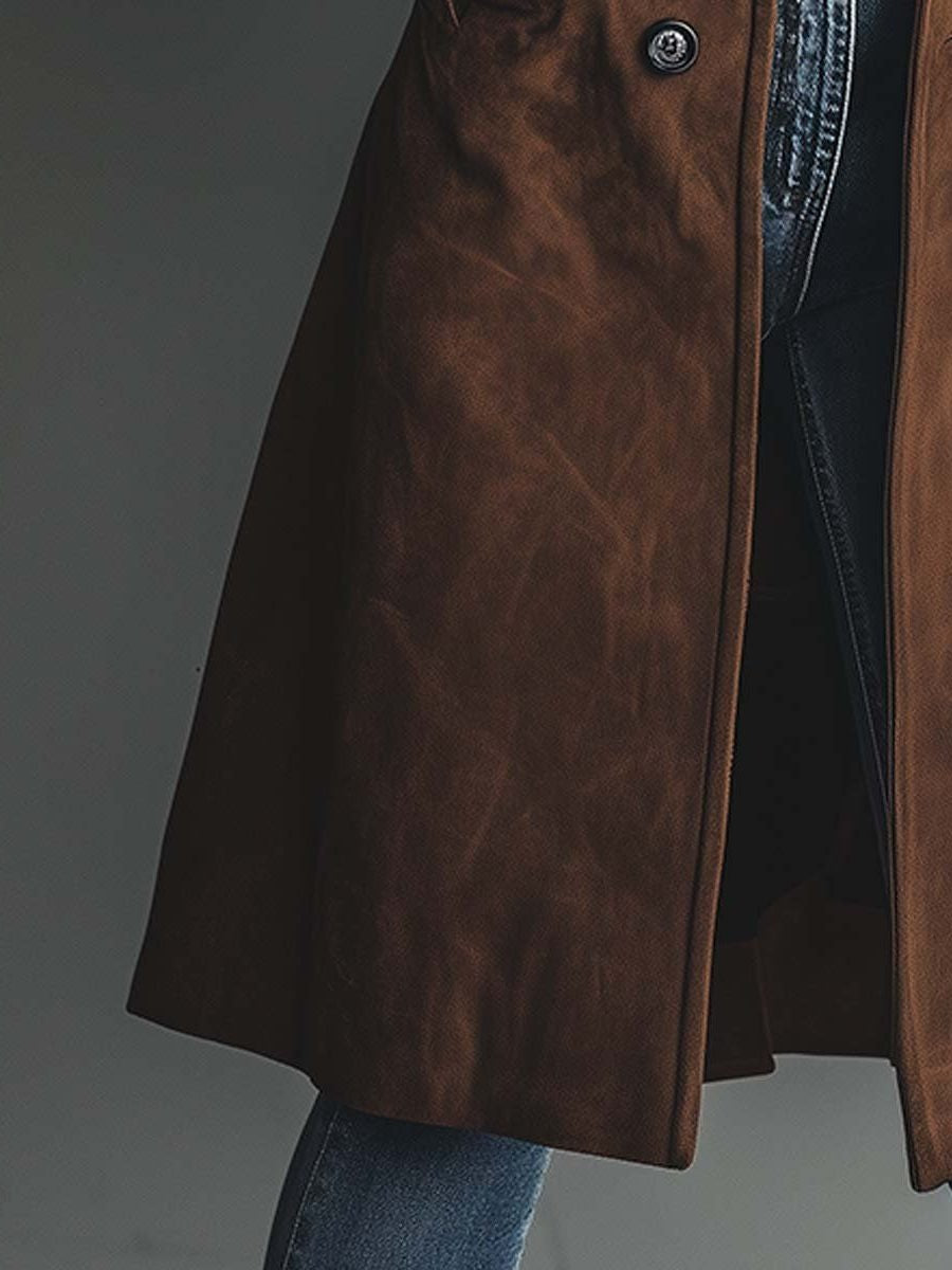 Theodora | Women's Long Suede Trench Jacket with Lapel Collar