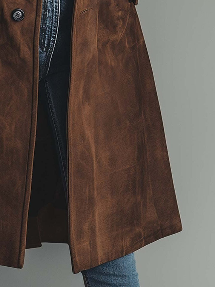 Theodora | Women's Long Suede Trench Jacket with Lapel Collar