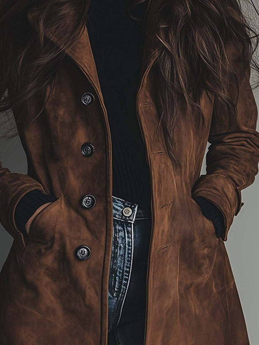 Theodora | Women's Long Suede Trench Jacket with Lapel Collar
