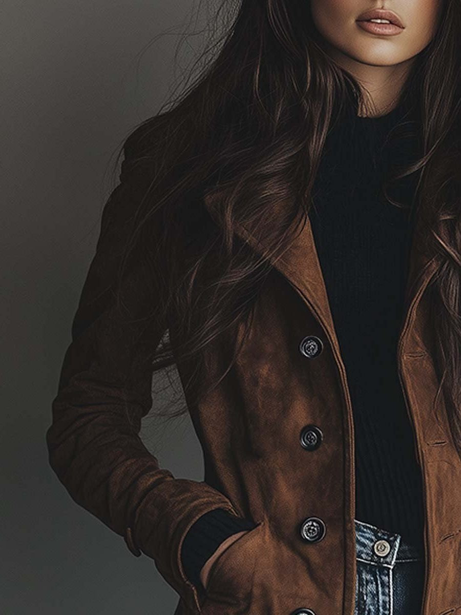 Theodora | Women's Long Suede Trench Jacket with Lapel Collar
