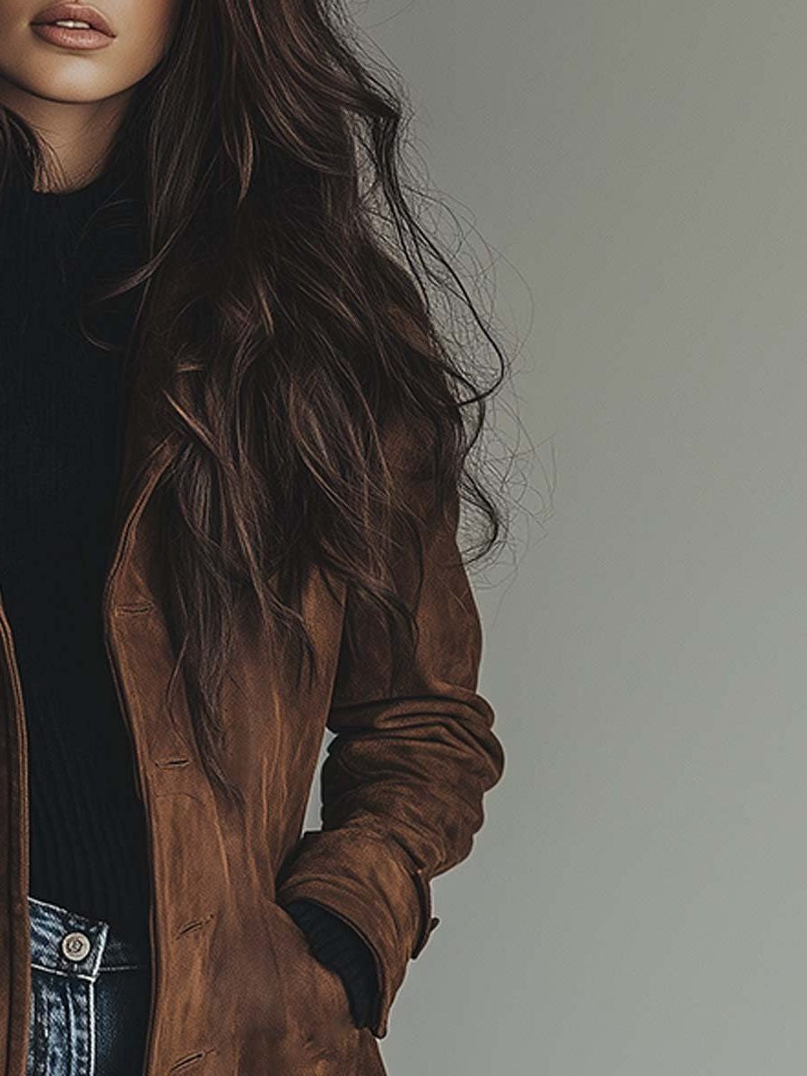 Theodora | Women's Long Suede Trench Jacket with Lapel Collar