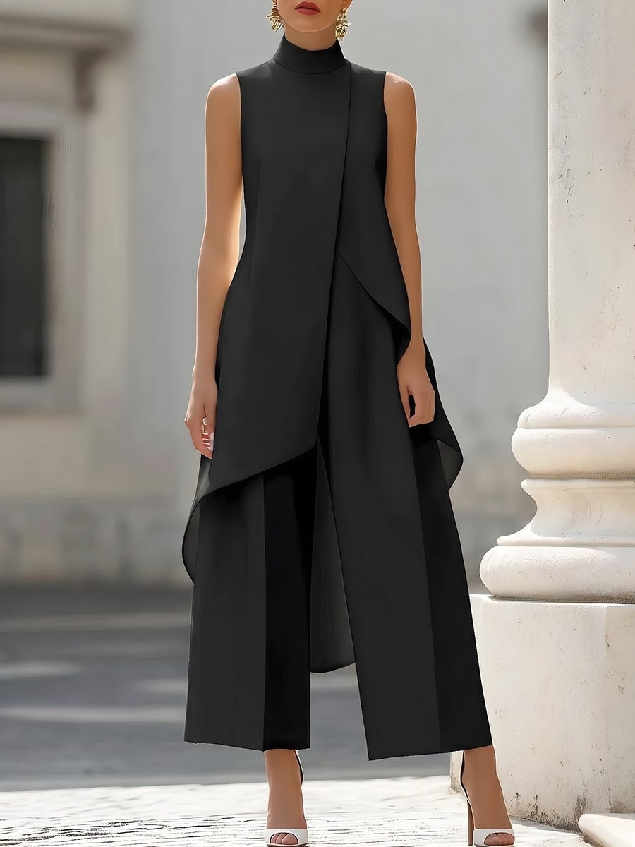 Vera | Mantelpak Dames Mouwloos Hoge Hals Asymmetrisch Palazzo