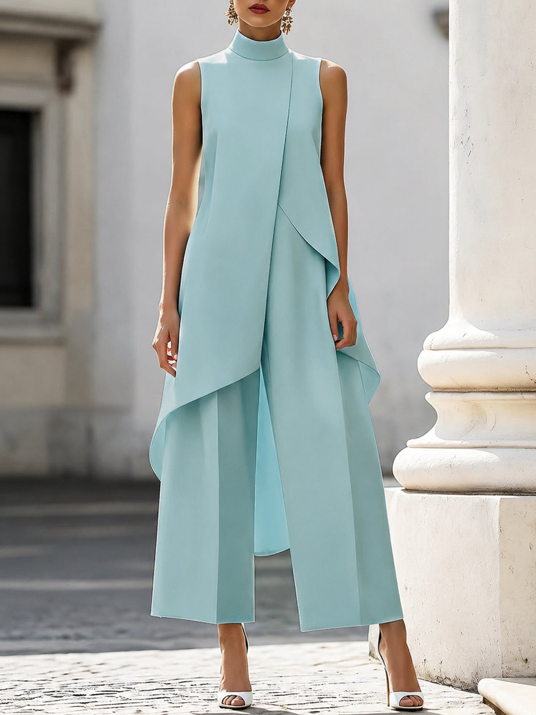 Vera | Mantelpak Dames Mouwloos Hoge Hals Asymmetrisch Palazzo