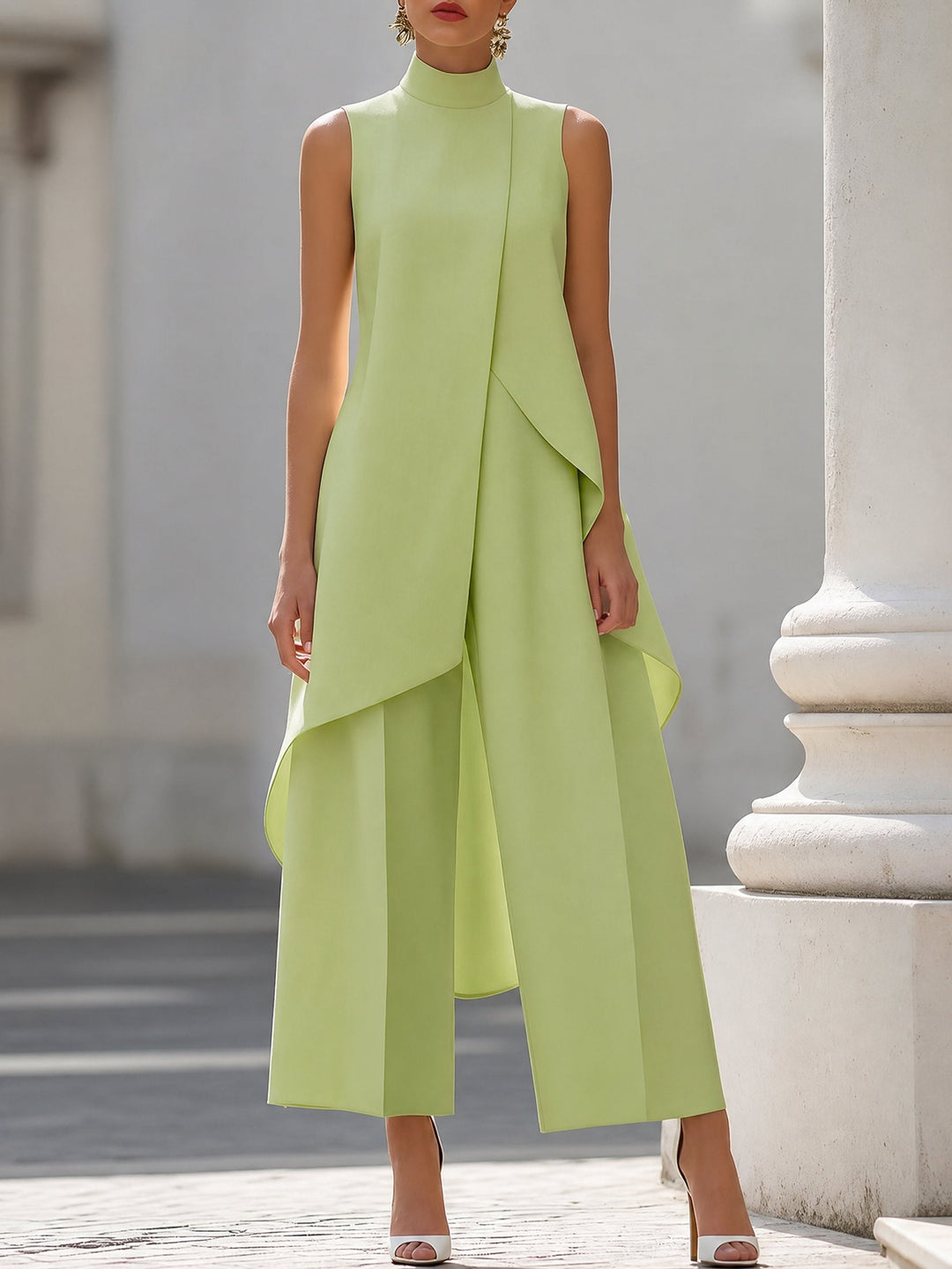 Vera | Mantelpak Dames Mouwloos Hoge Hals Asymmetrisch Palazzo