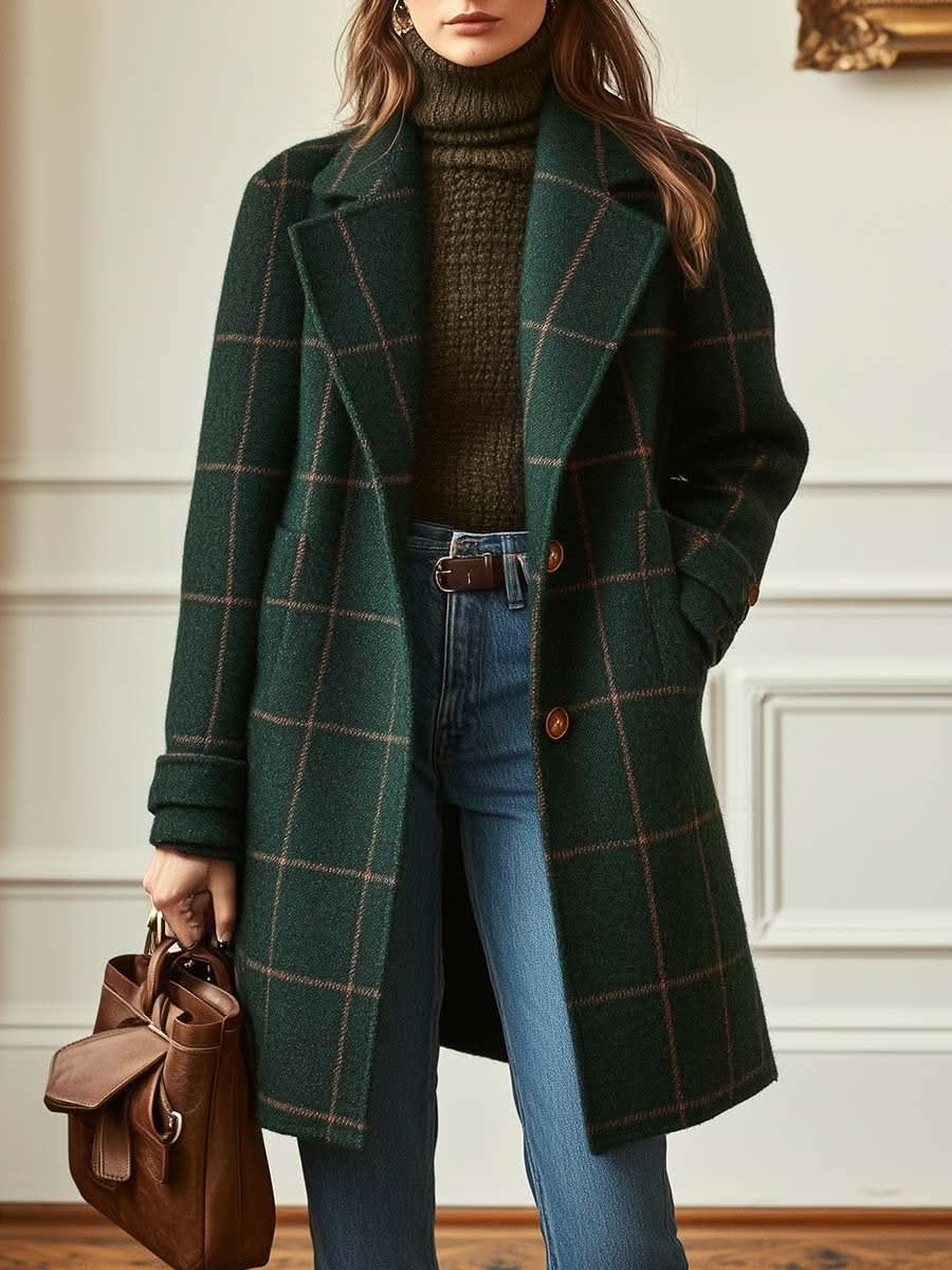 Vera | Wollen Jas Lang Dames Geruite Print Knoopsluiting