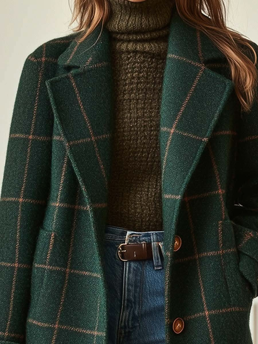 Vera | Wollen Jas Lang Dames Geruite Print Knoopsluiting