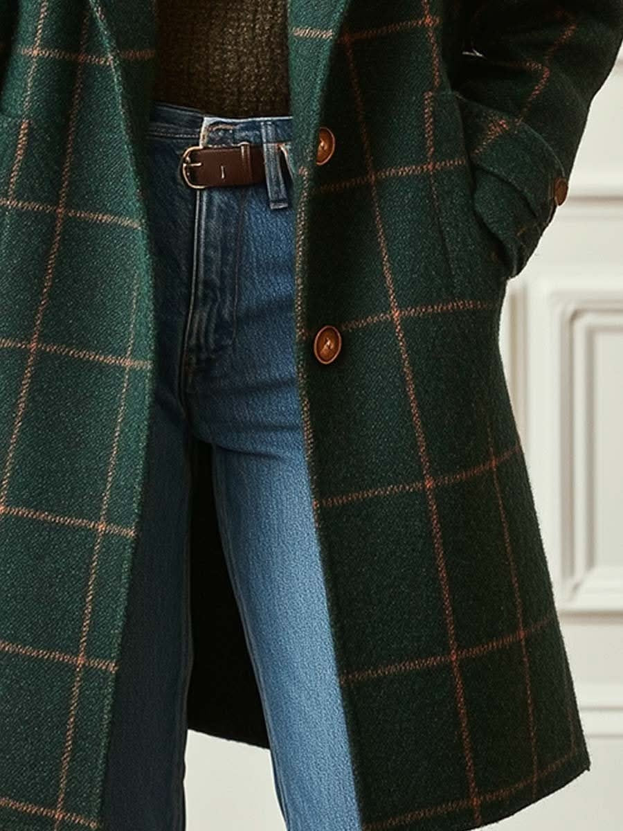 Vera | Wollen Jas Lang Dames Geruite Print Knoopsluiting