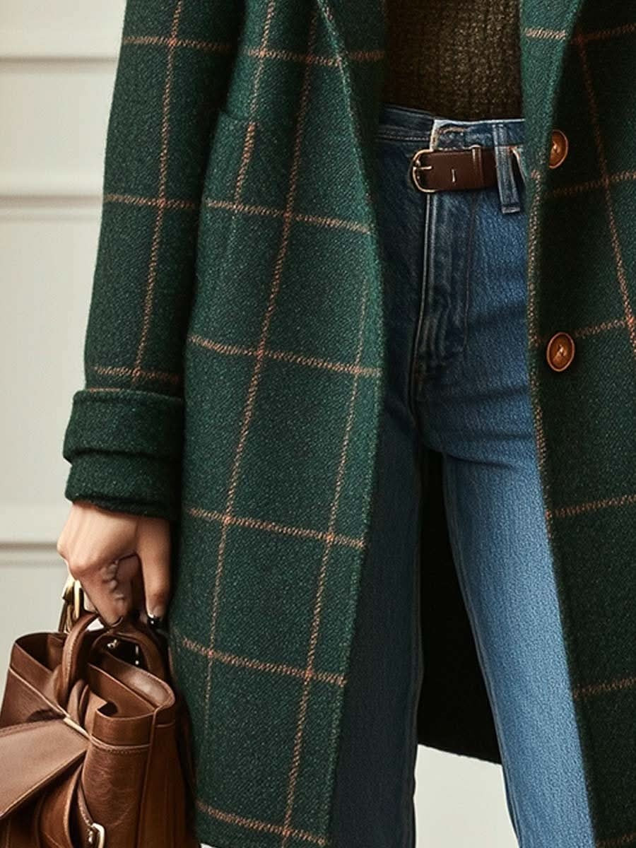 Vera | Wollen Jas Lang Dames Geruite Print Knoopsluiting