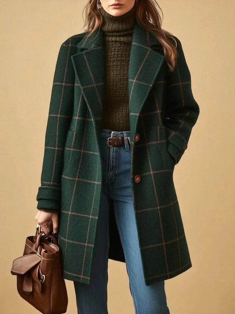 Vera | Wollen Jas Lang Dames Geruite Print Knoopsluiting